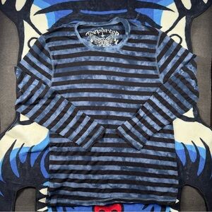 Y2K VTG Departed Blue and Black Striped Shirt Size M
